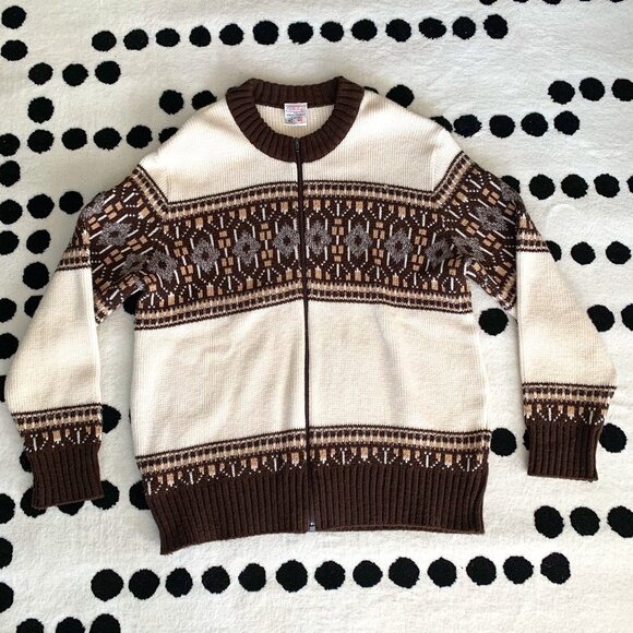 Vintage 90s St Michael Crew Neck Full Zip Fair Isle Cardigan Fishermans Sweater - Picture 1 of 10
